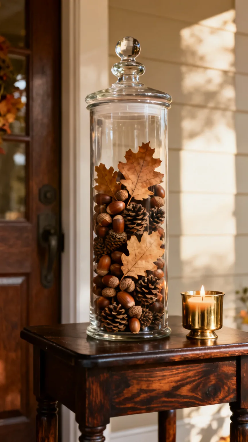 Apothecary jar filled with acorns and pinecones on a fall entryway table
