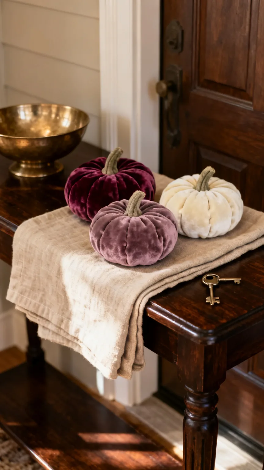 Linen and velvet pumpkins in mulberry hues on a fall entryway table