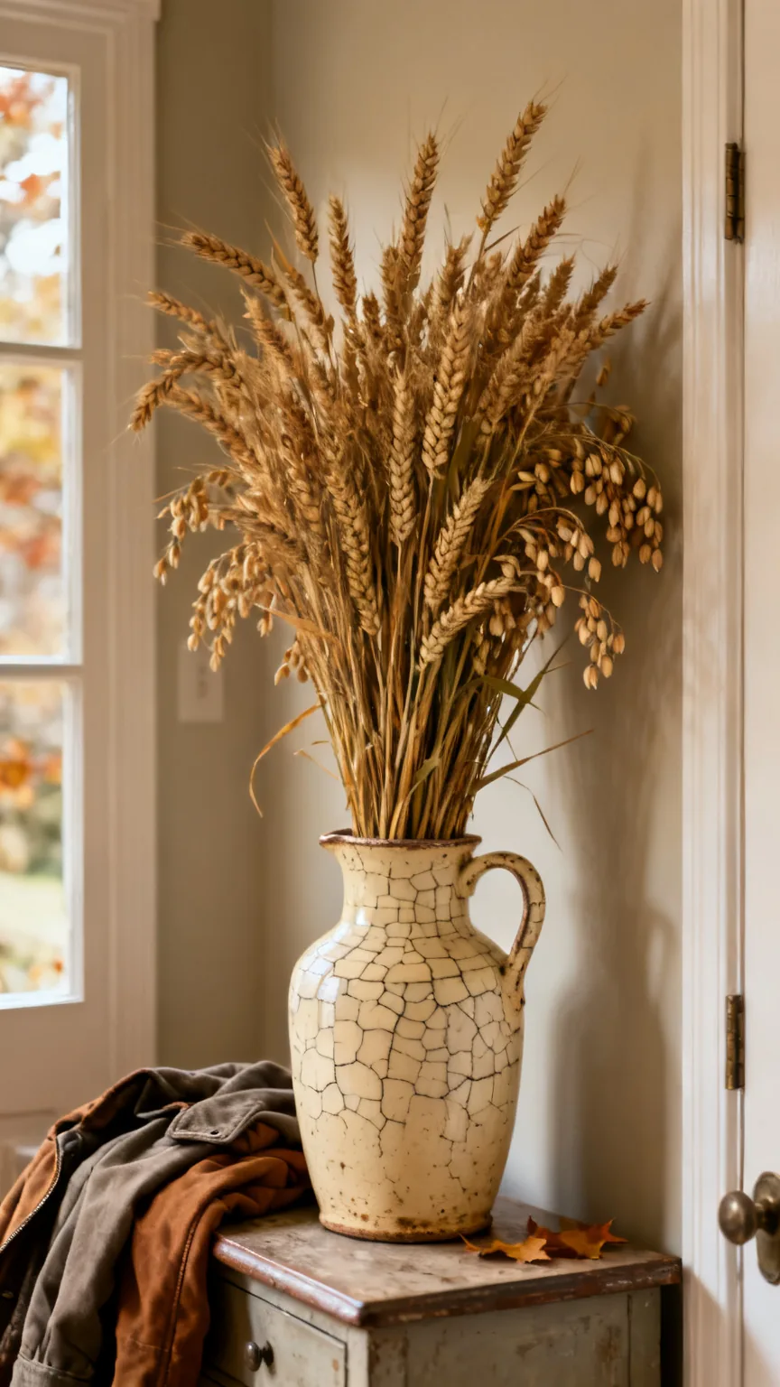 Antique ceramic pitcher with dried wheat on a fall entryway table
