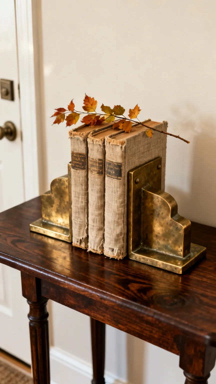 Stack of vintage books with brass bookend on a fall entryway table