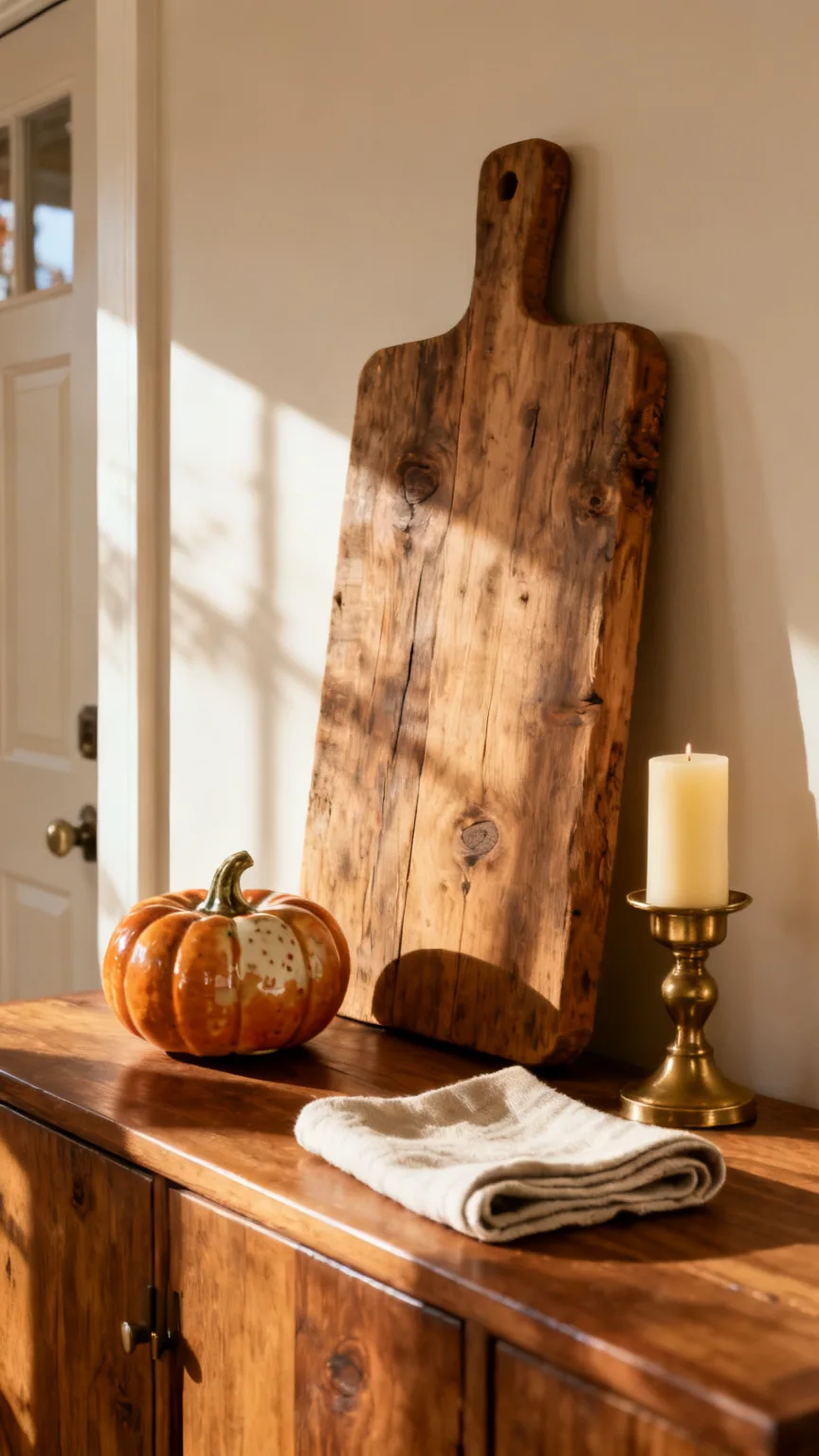 Wooden cutting board leaned as rustic backdrop on a fall entryway table