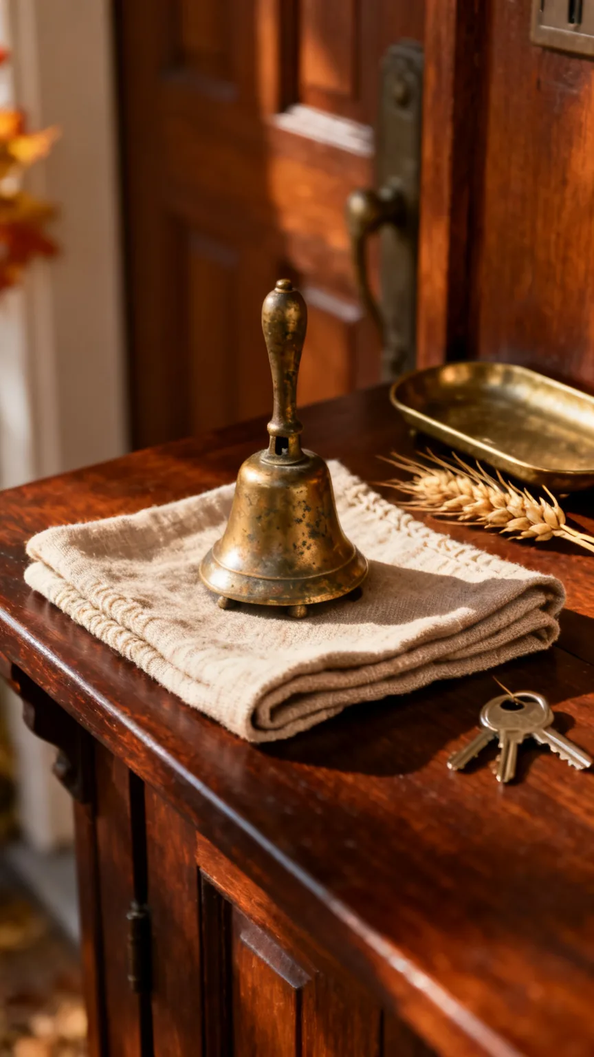 Small brass bell on a fall entryway table