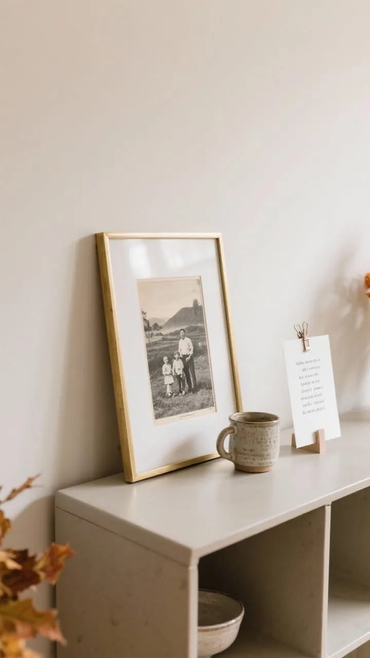 Personal touches and leaning art on a fall entryway table