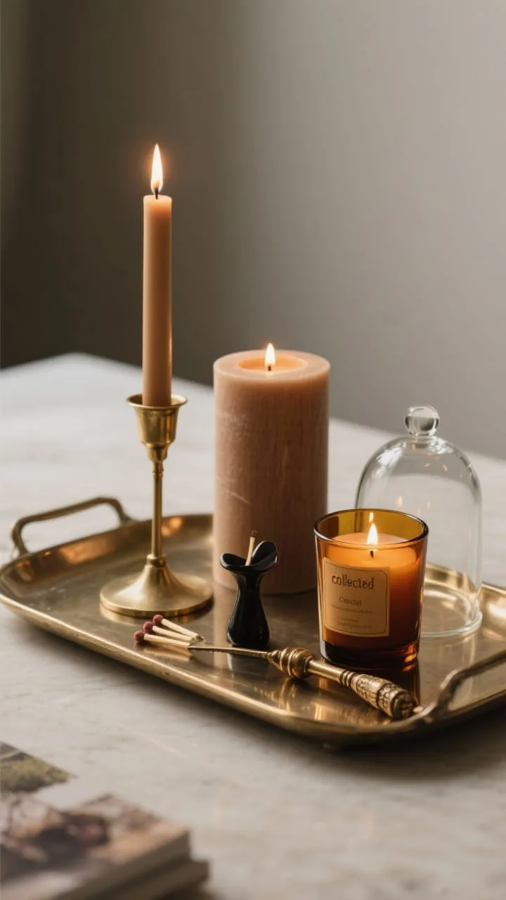 Cozy candle vignette on a fall entryway table with mixed-height holders