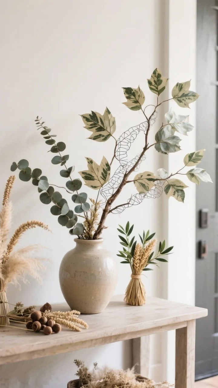 Mixed real and faux botanicals in a vase on a fall entryway table