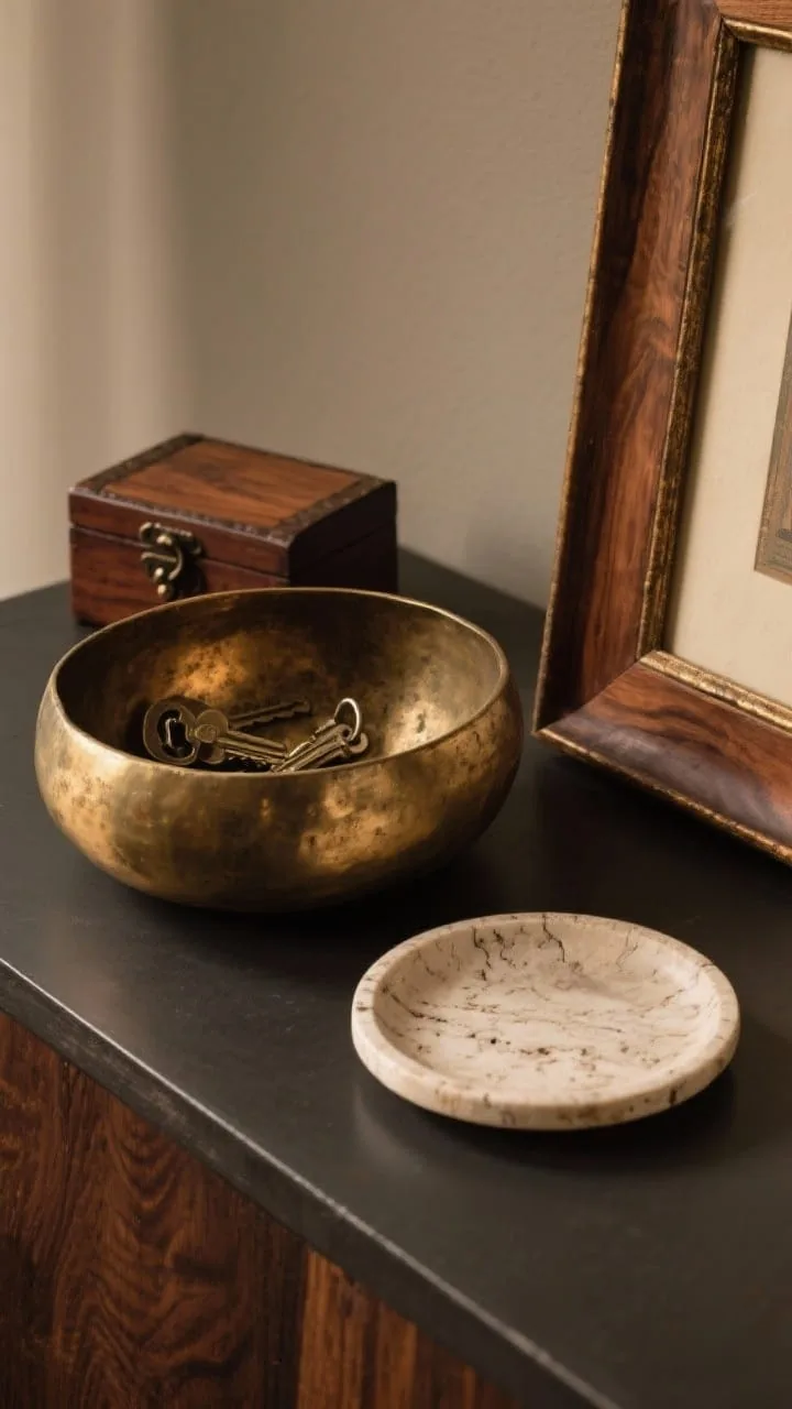 Moody metals and earthy wood styled on a fall entryway table