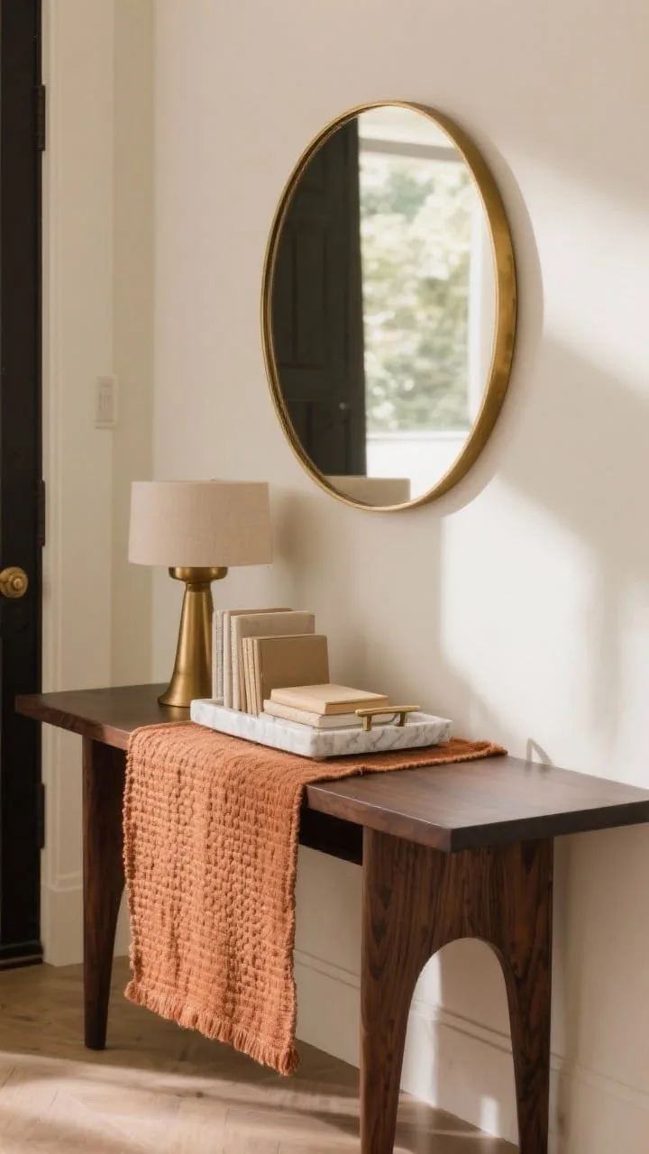Fall entryway table with a warm layered base of linen runner and brass mirror