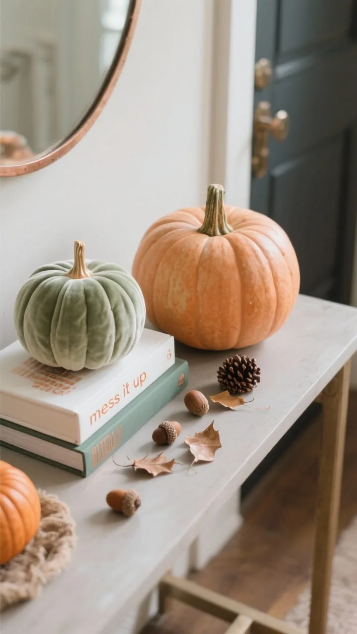 Curated pumpkin trio on a fall entryway table in white, sage, and pale orange