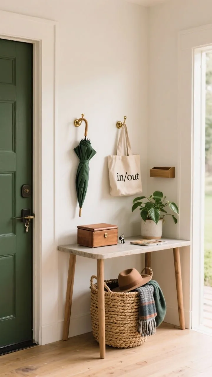Functional fall entryway with woven basket, lidded box, and brass hooks