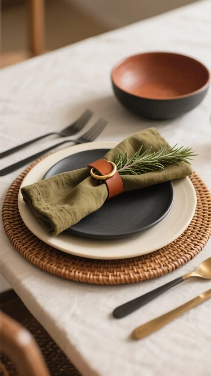 Medium shot of layered place settings with mix-and-match dinnerware: wood or woven rattan charger base, cream dinner plate layered with a charcoal salad plate, shallow bowl on top; rust or olive linen napkin secured with a simple ring (leather loop or brass circle), sprig of rosemary tucked in; brushed black or warm brass flatware; cohesive, modern contrast; warm, ambient daylight.