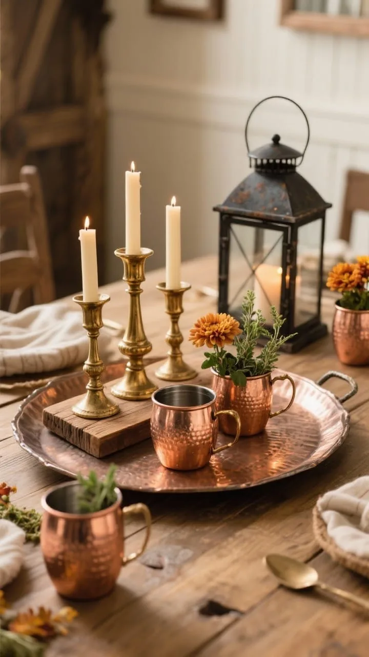 Photorealistic medium shot of a warm farmhouse tablescape mixing metals and wood: antique brass candlesticks grouped on a wooden board, a hammered metal tray anchoring the centerpiece, copper Moscow mule mugs repurposed as mini vases with mums or herbs, and a matte black iron lantern for contrast; gentle patina on metals, unpolished finishes; warm ambient light, slight corner angle to show depth, cozy fall mood