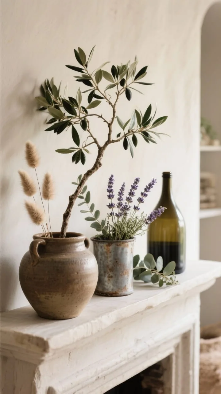 Natural textures and greenery styled on a rustic vintage mantel