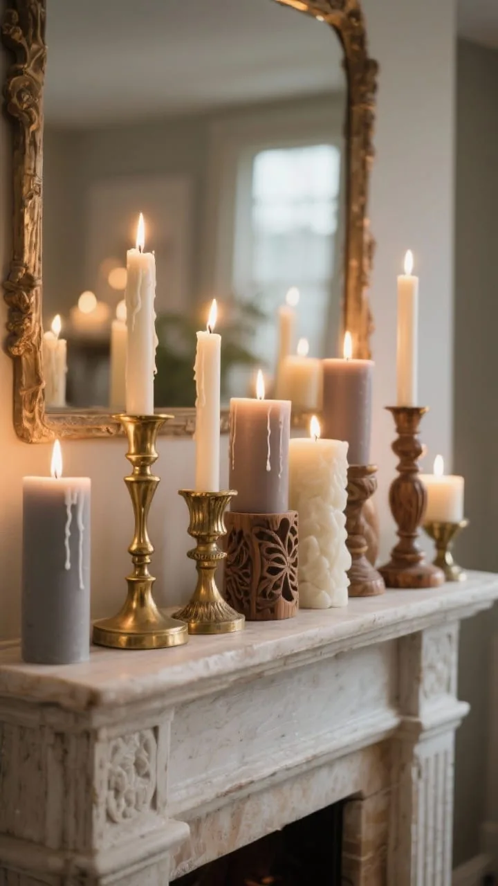 Mix of brass, wood, and pillar candles on a rustic vintage mantel