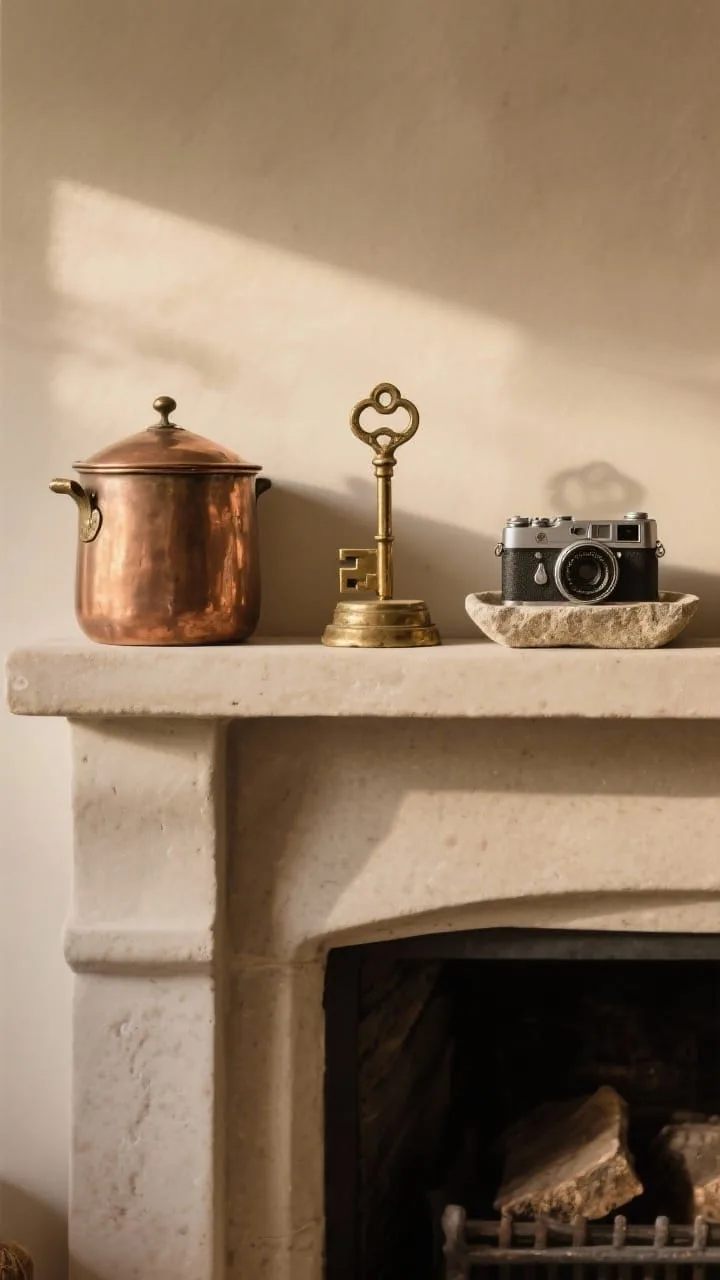Curated grouping of collected curiosities on a rustic vintage mantel