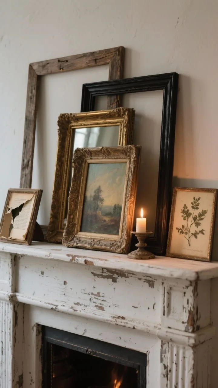 Layered vintage art frames on a rustic vintage mantel
