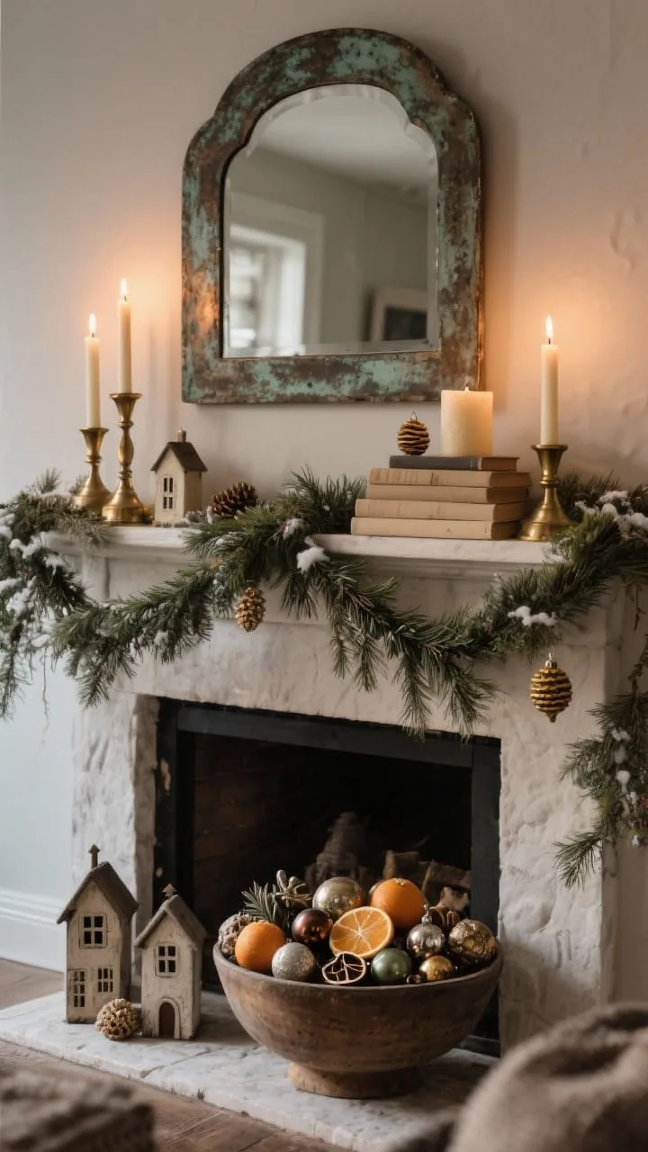 Seasonal accents layered onto a rustic vintage mantel core