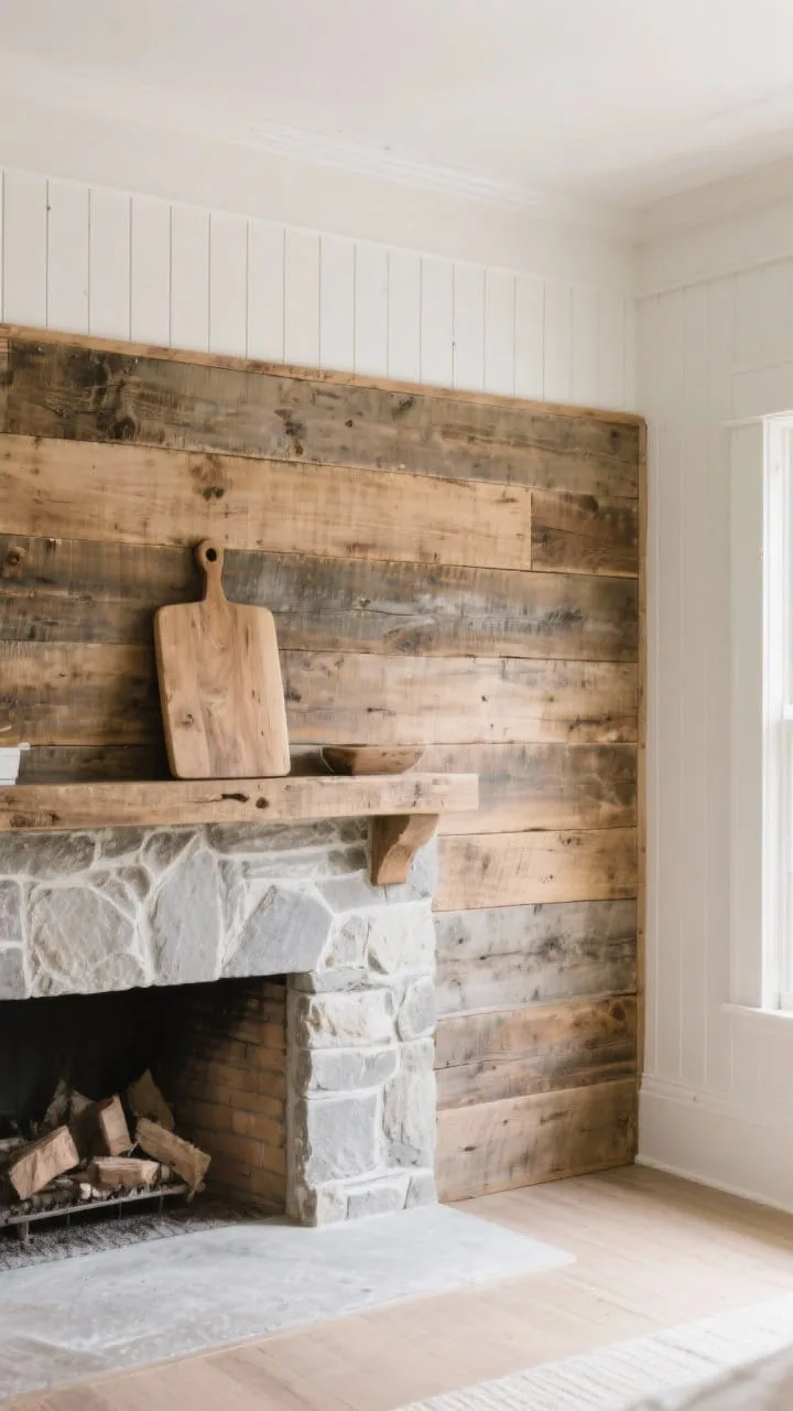 Rustic wood and beadboard backdrop on a rustic vintage mantel