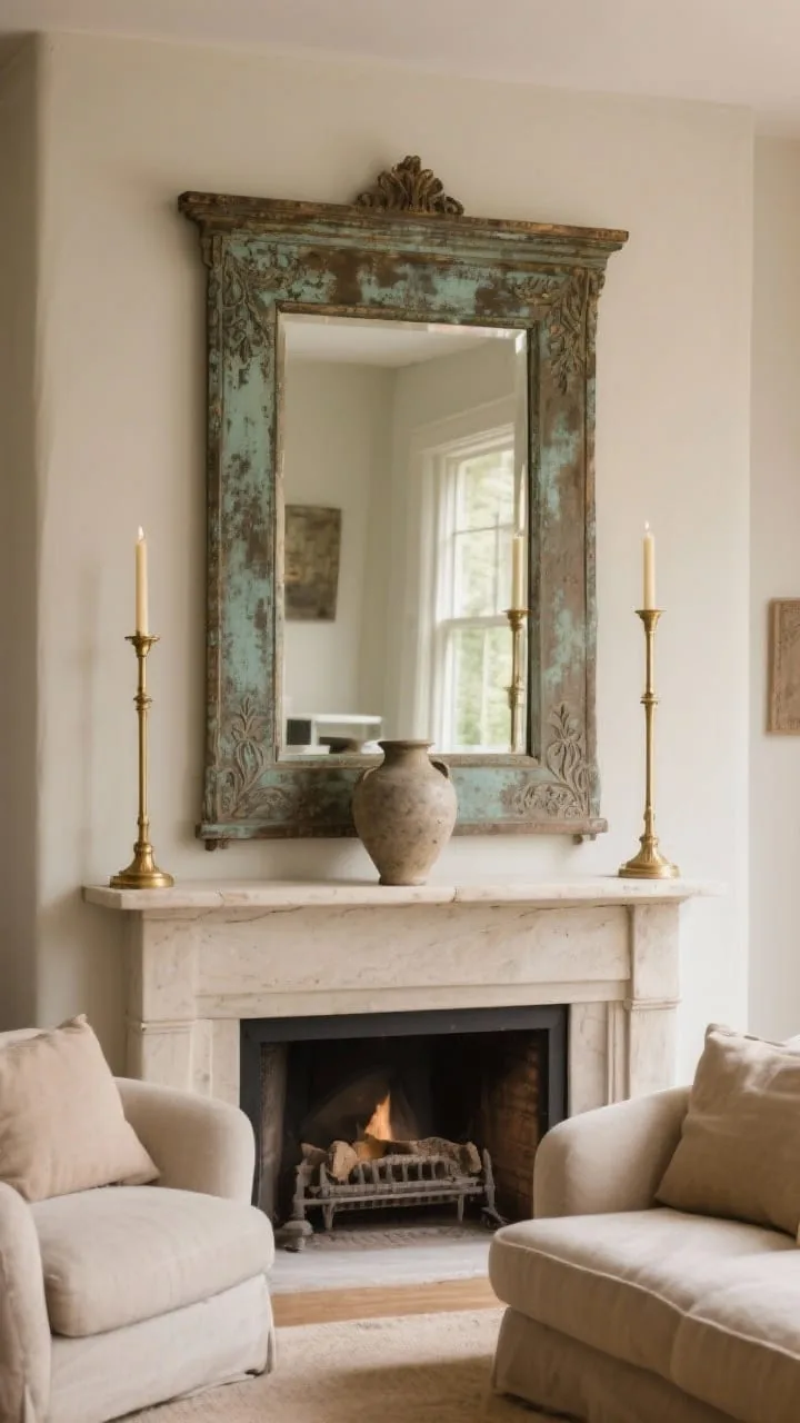 Patinaed statement mirror above a rustic vintage mantel