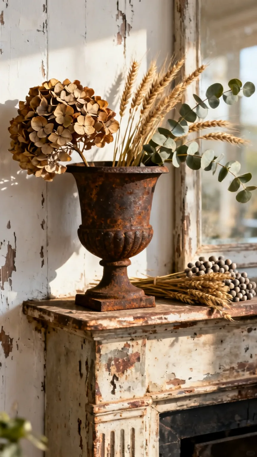 Cast iron urn filled with dried florals on a rustic vintage mantel