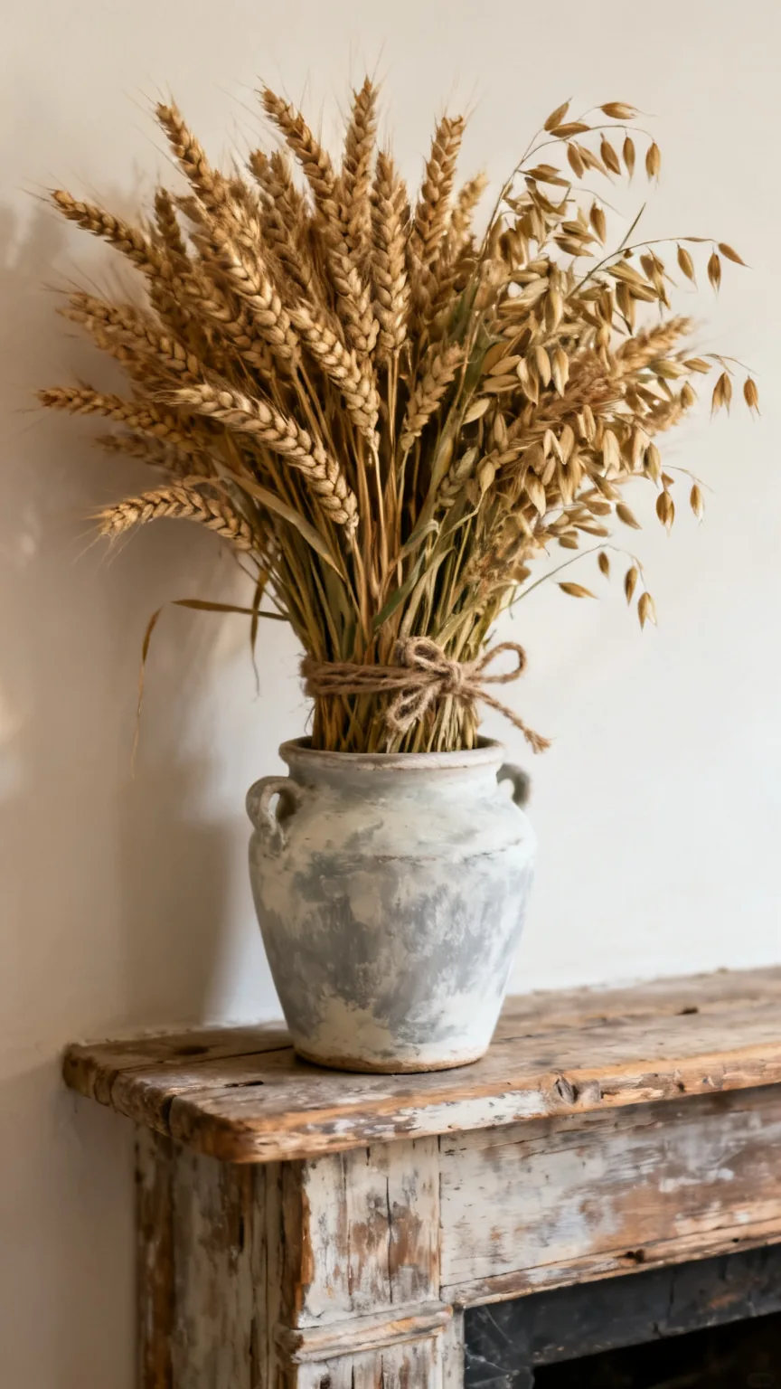 Limewashed pot holding wheat bundles on a rustic vintage mantel