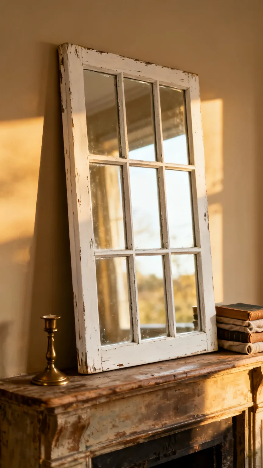 Vintage window frame repurposed as a mirror on a rustic vintage mantel