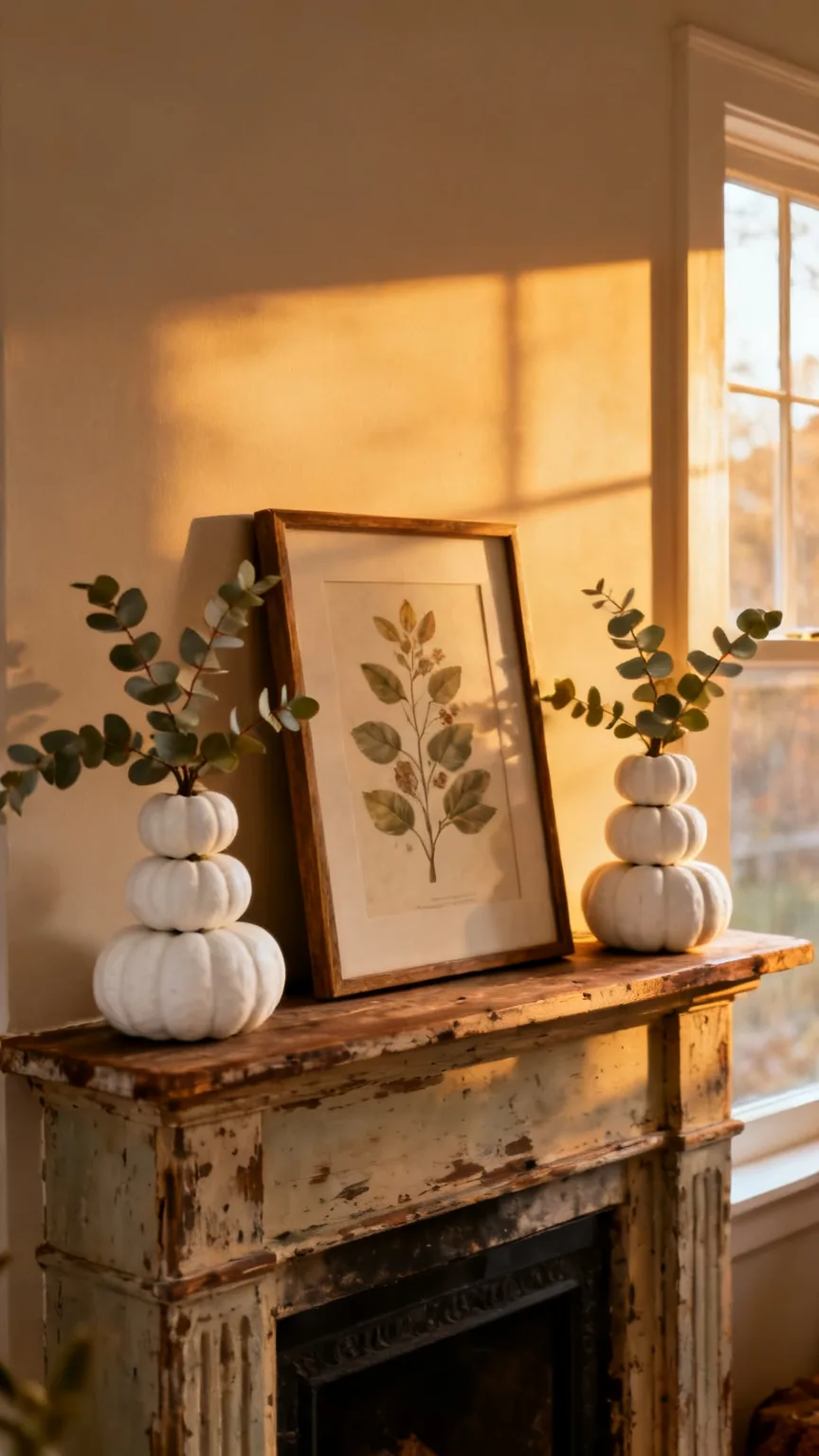 Pumpkin topiary pair flanking a rustic vintage mantel