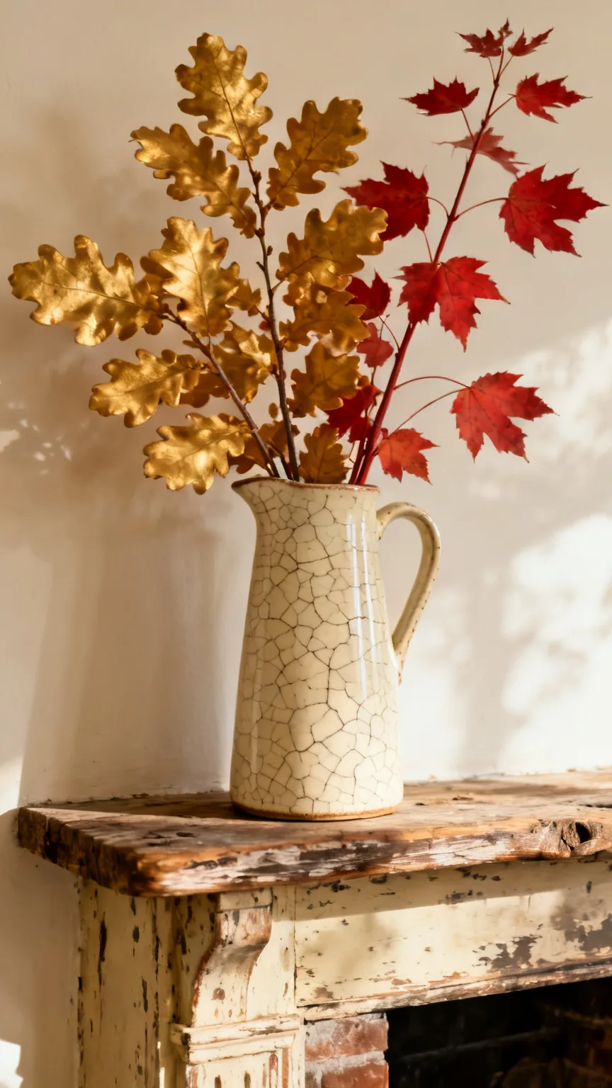 Stoneware pitcher with fall branches on a rustic vintage mantel
