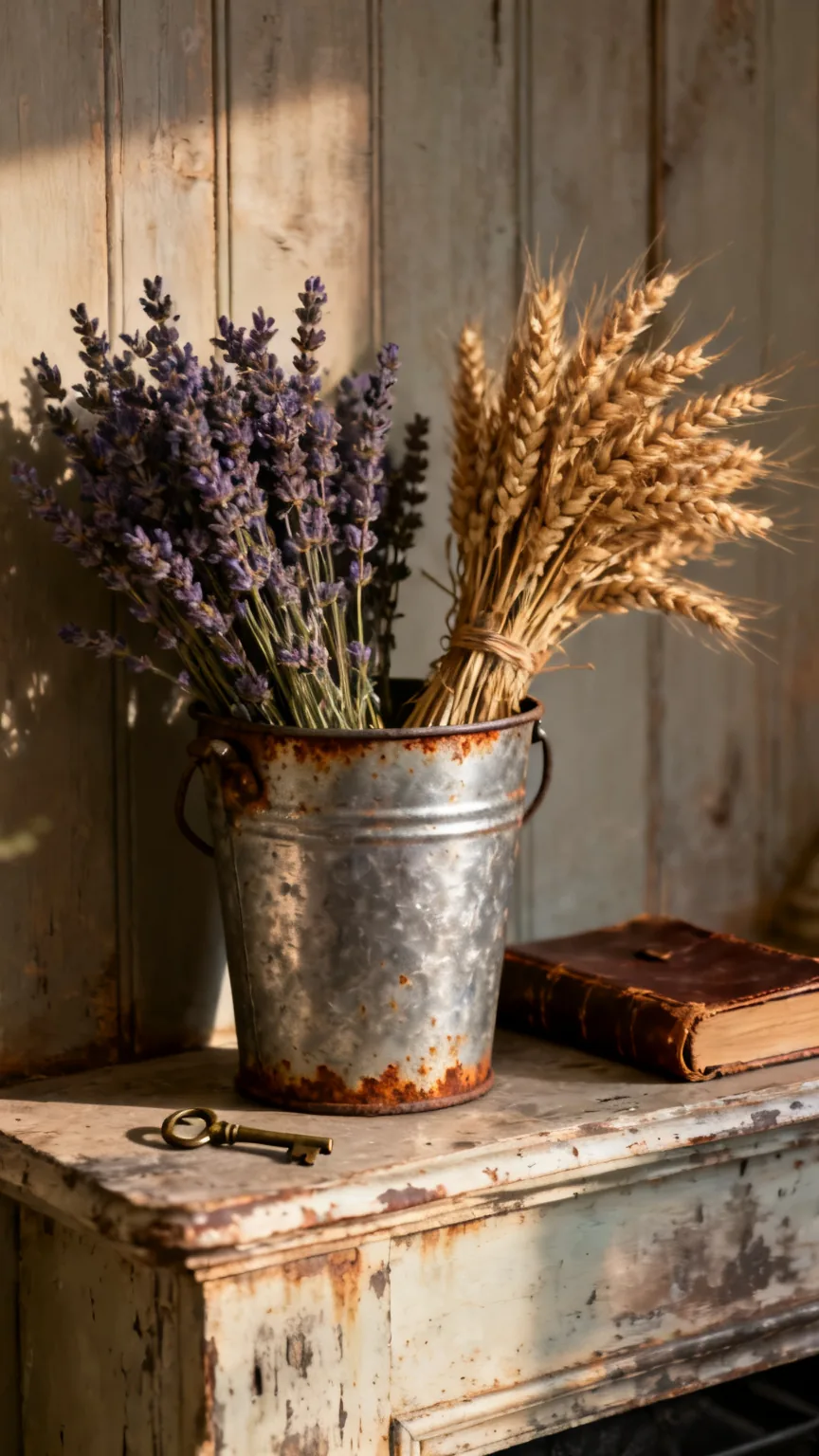 Aged galvanized tin bucket display on a rustic vintage mantel