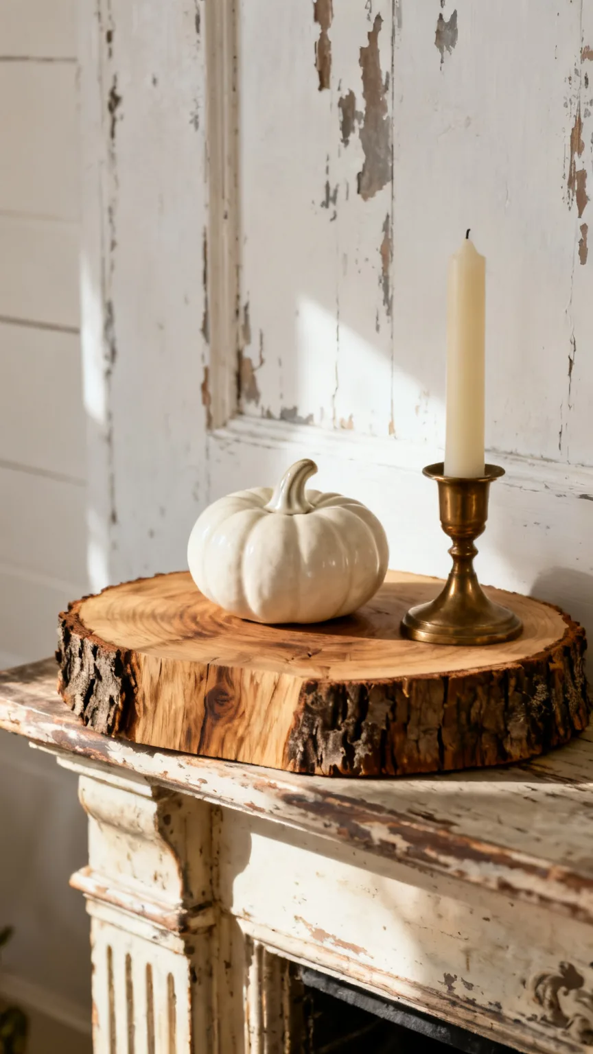 Wood slab pedestal riser on a rustic vintage mantel