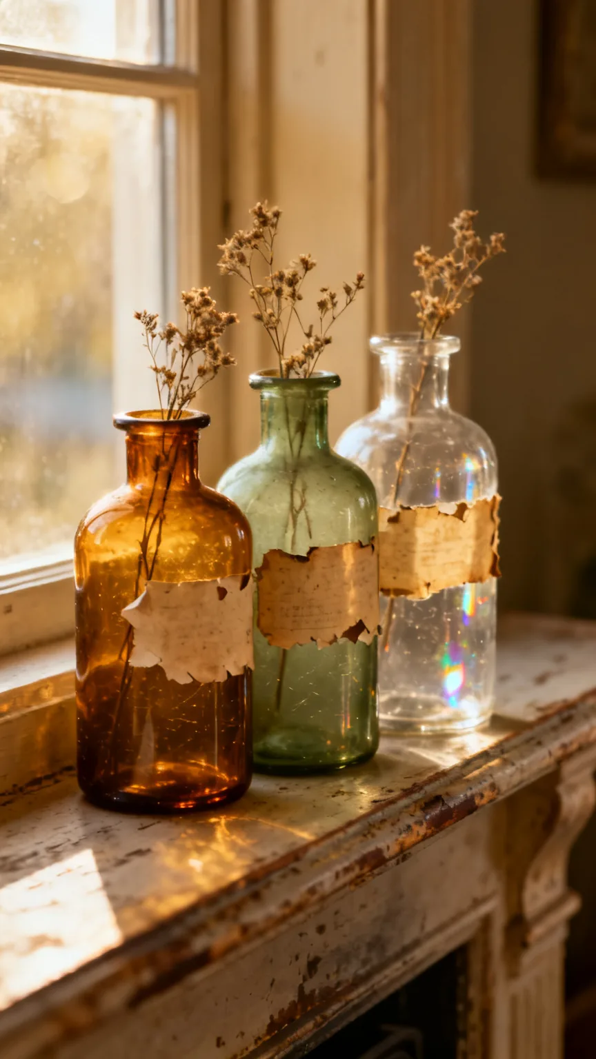 Vintage apothecary bottle cluster on a rustic vintage mantel
