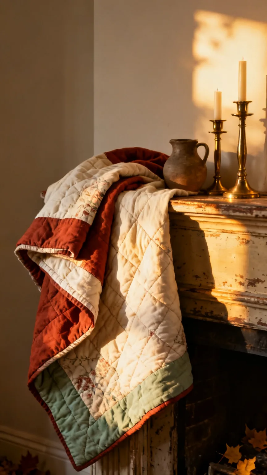 Heirloom quilt draped over a rustic vintage mantel edge