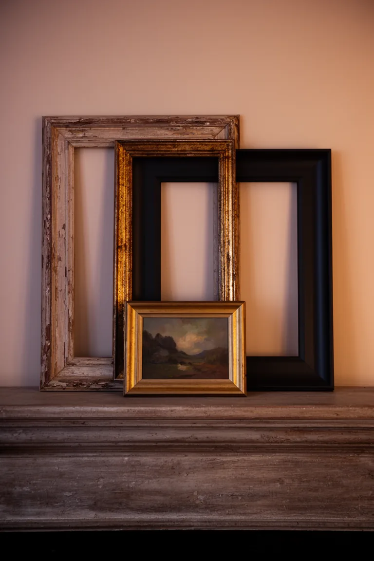 Layered art moment on a rustic vintage mantel variation 1
