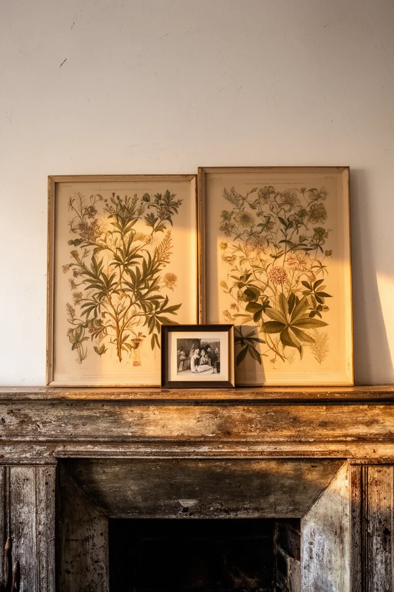 Layered art moment on a rustic vintage mantel variation 2