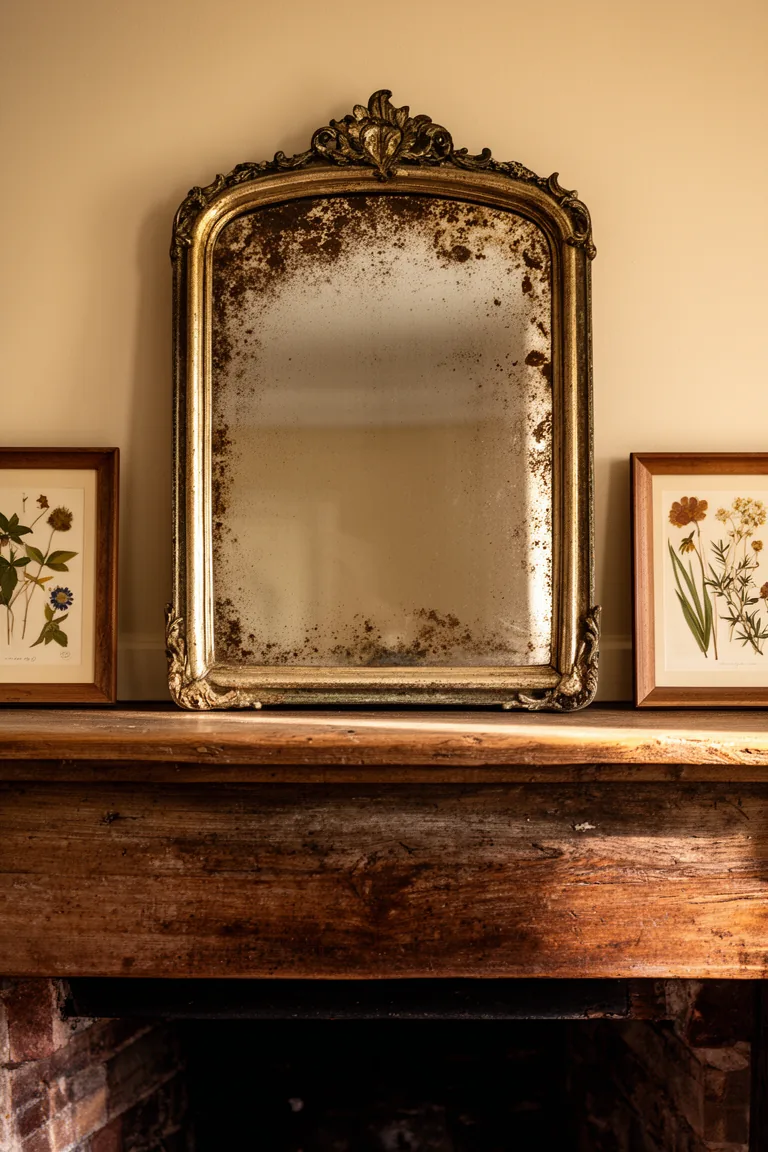 Layered art moment on a rustic vintage mantel variation 3