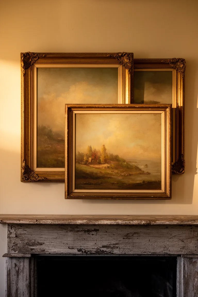 Layered art moment on a rustic vintage mantel variation 4