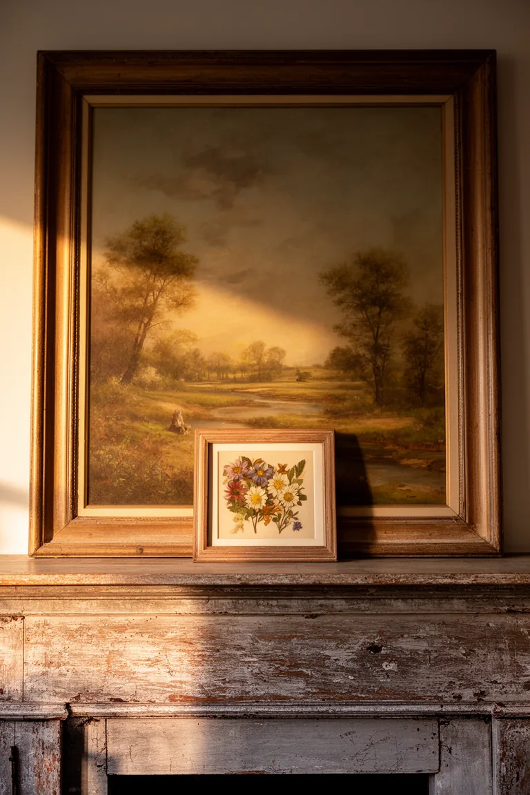 Layered art moment on a rustic vintage mantel variation 5