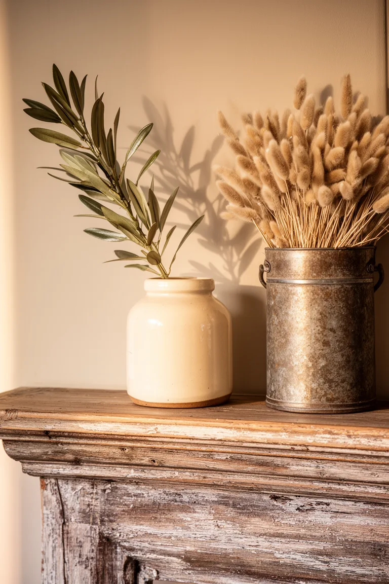 Natural textures and greenery on a rustic vintage mantel variation 1