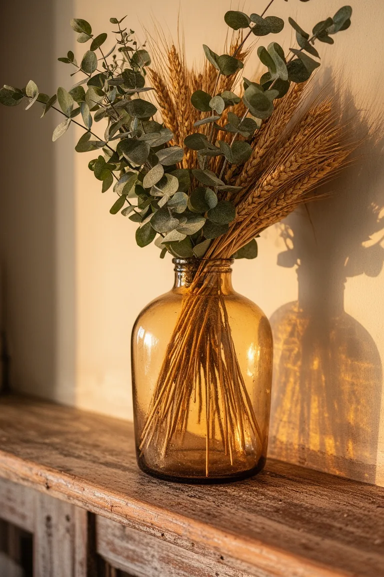 Natural textures and greenery on a rustic vintage mantel variation 2
