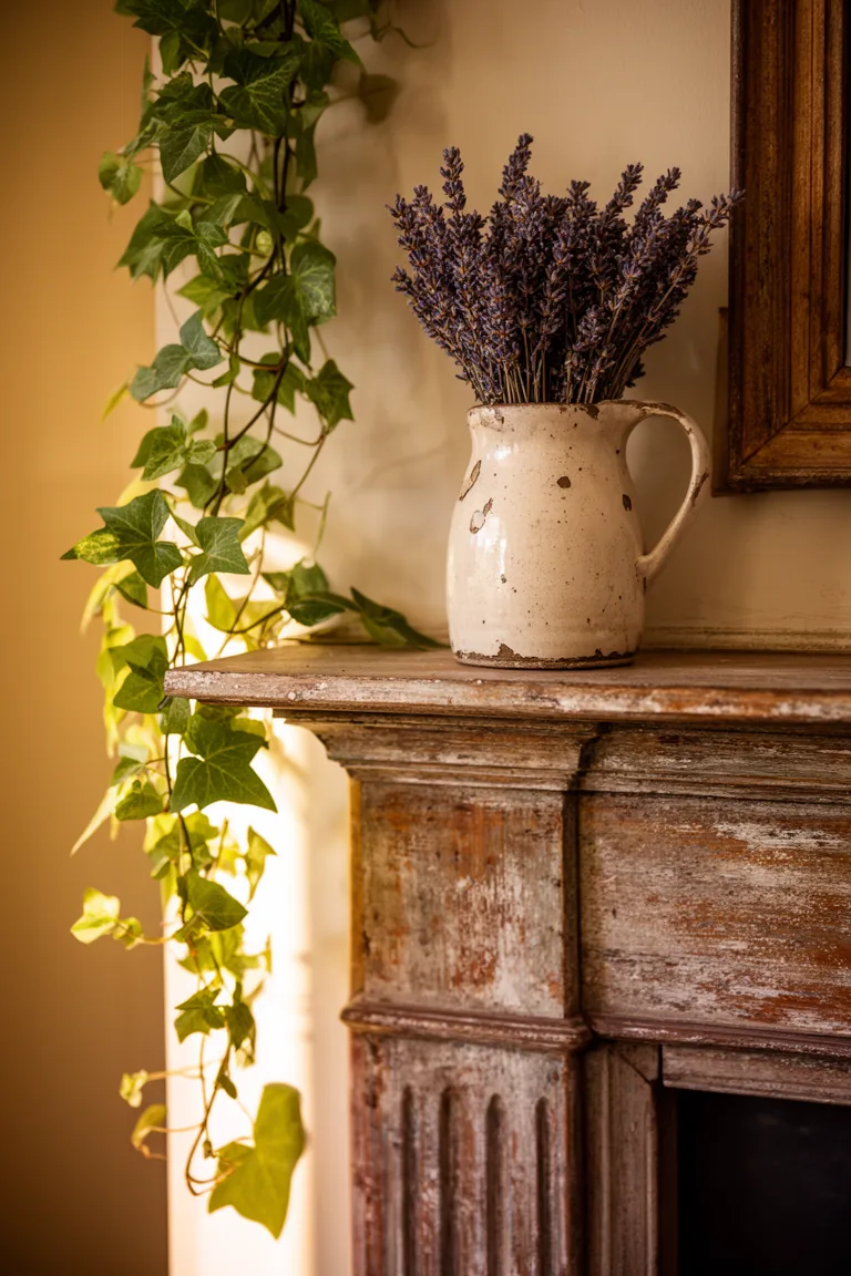Natural textures and greenery on a rustic vintage mantel variation 3