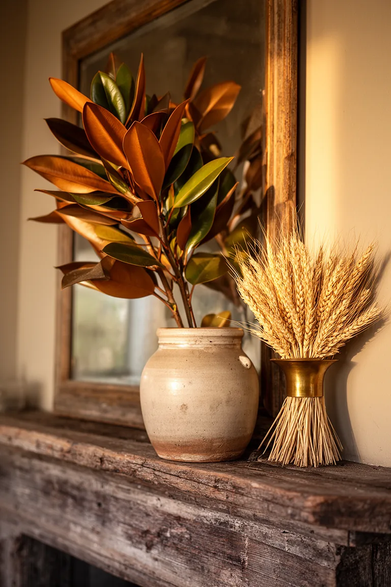 Natural textures and greenery on a rustic vintage mantel variation 5