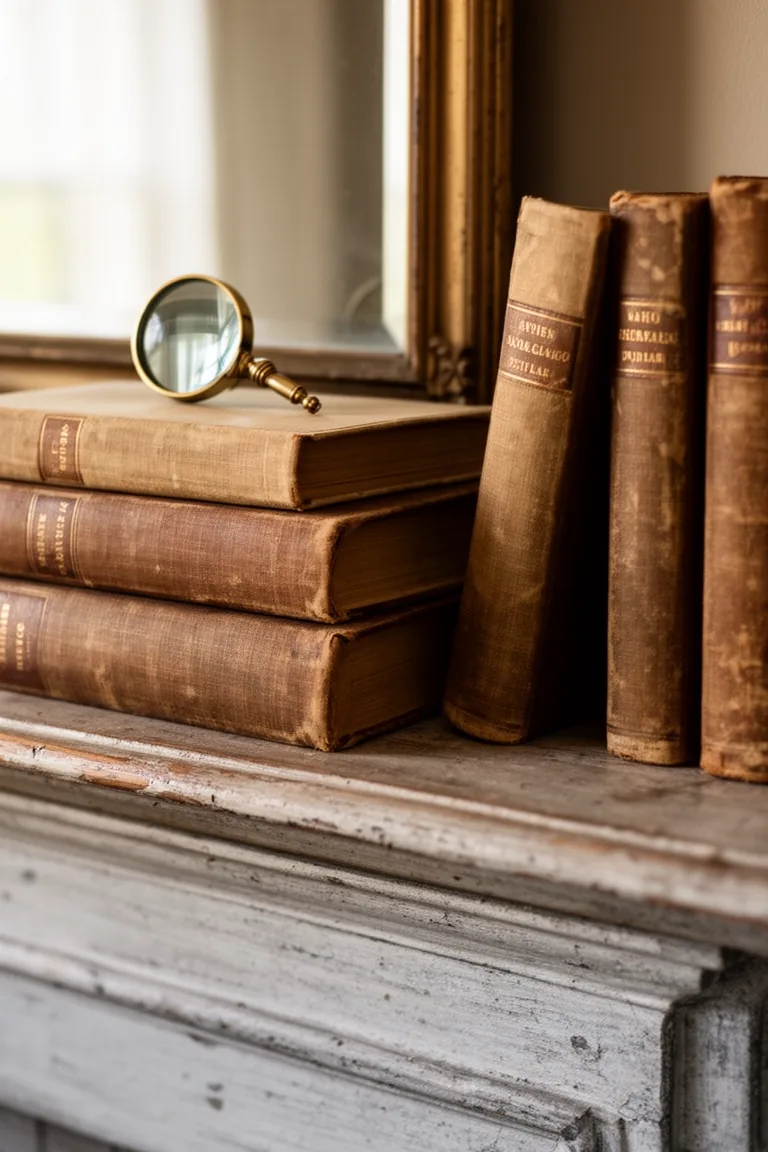 Stacked vintage books on a rustic vintage mantel variation 1