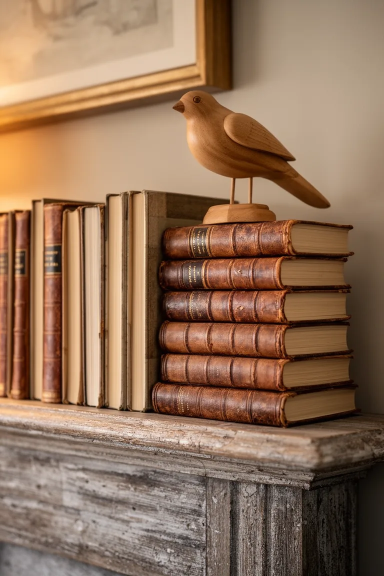 Stacked vintage books on a rustic vintage mantel variation 2