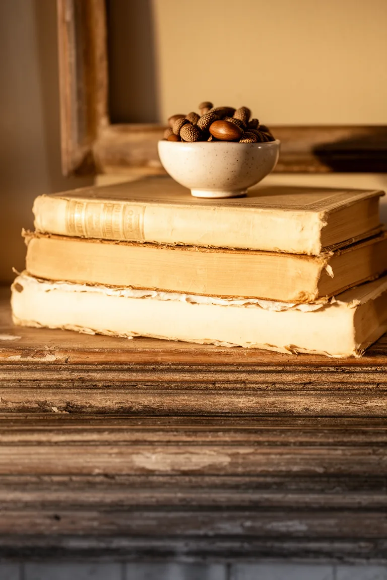 Stacked vintage books on a rustic vintage mantel variation 3