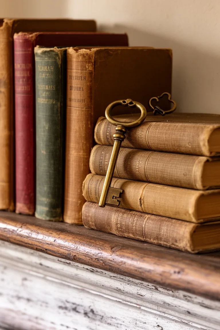 Stacked vintage books on a rustic vintage mantel variation 4