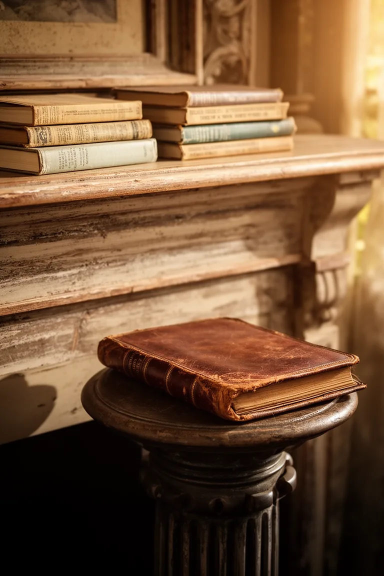 Stacked vintage books on a rustic vintage mantel variation 5