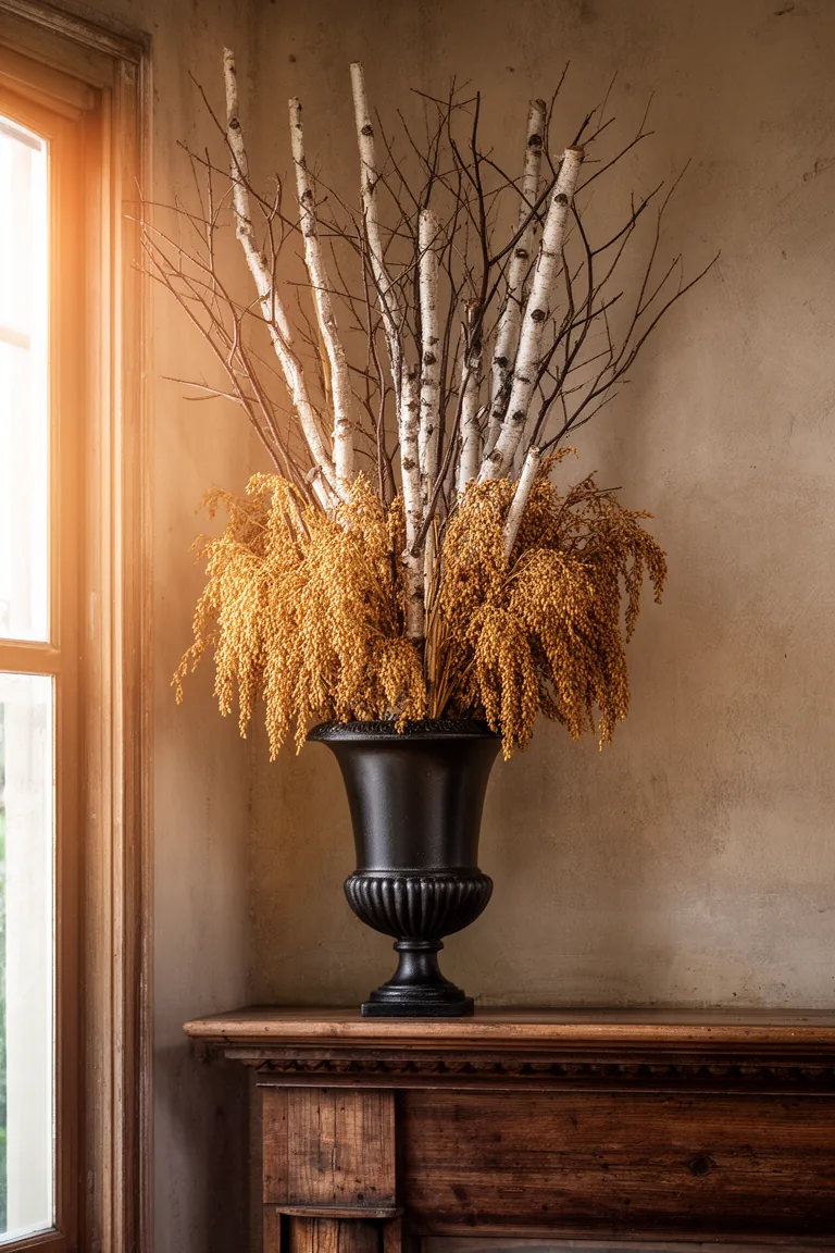Cast iron urn arrangement on a rustic vintage mantel variation 2