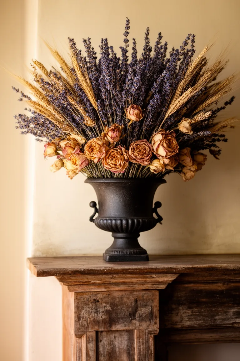 Cast iron urn arrangement on a rustic vintage mantel variation 3