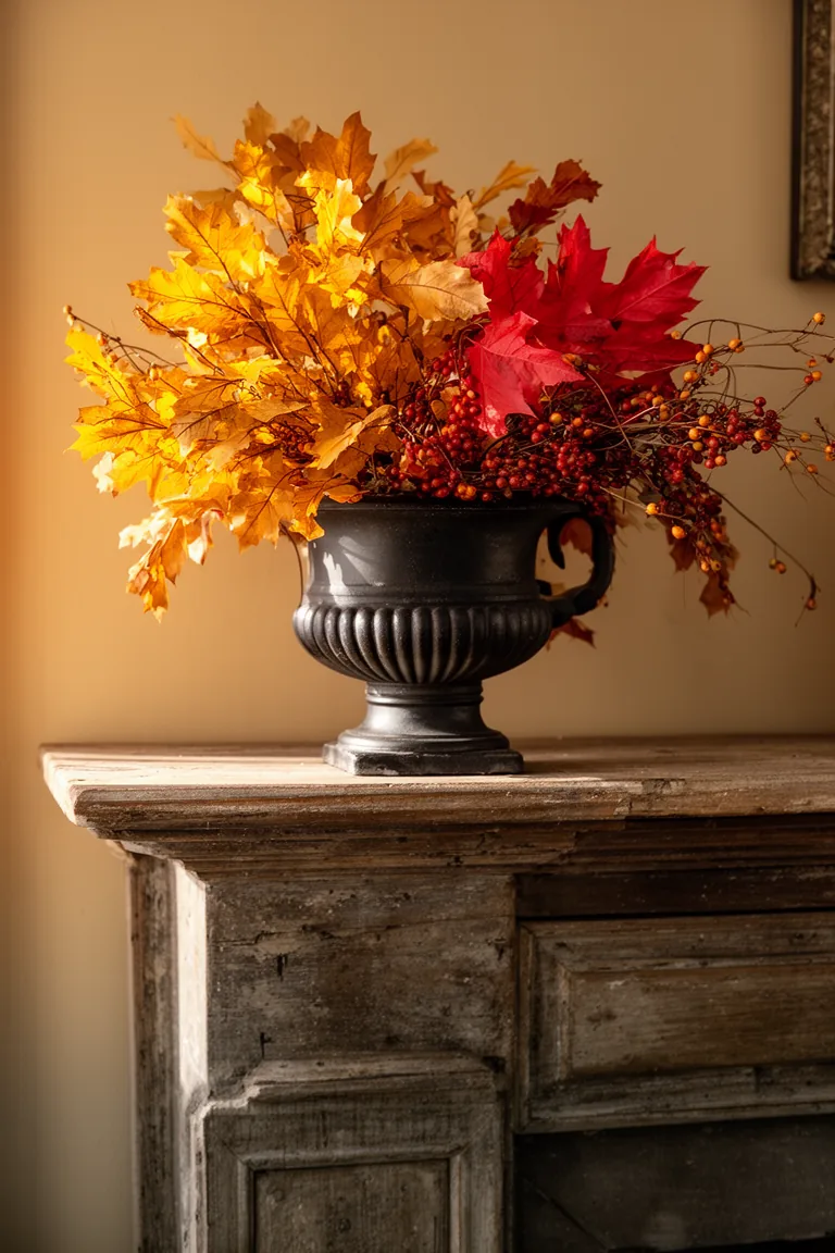 Cast iron urn arrangement on a rustic vintage mantel variation 4