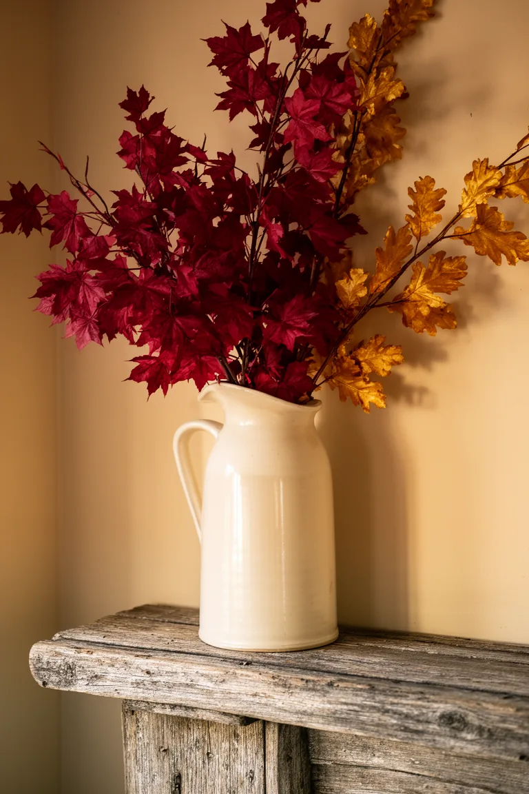 Stoneware pitcher with branches on a rustic vintage mantel variation 1