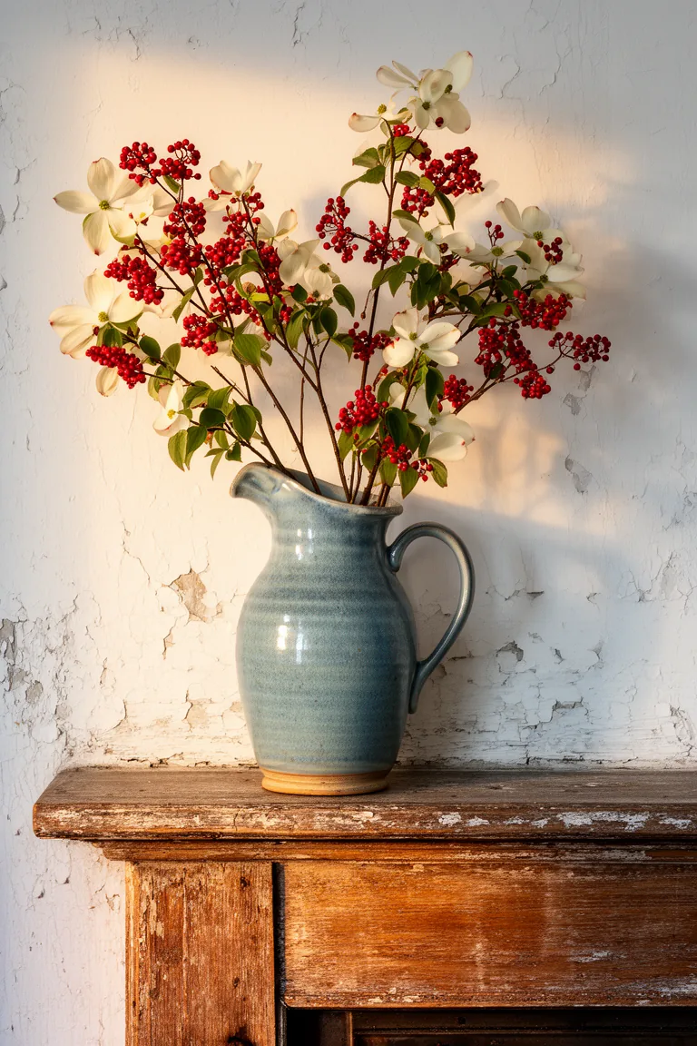 Stoneware pitcher with branches on a rustic vintage mantel variation 2